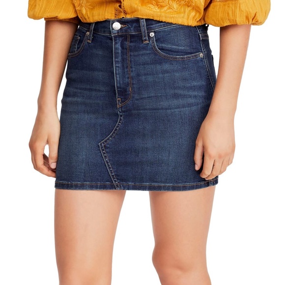 FREE PEOPLE Teagan Jean Skirt Dark Denim Five Pocket Mini Skirt NWT - Picture 2 of 6
